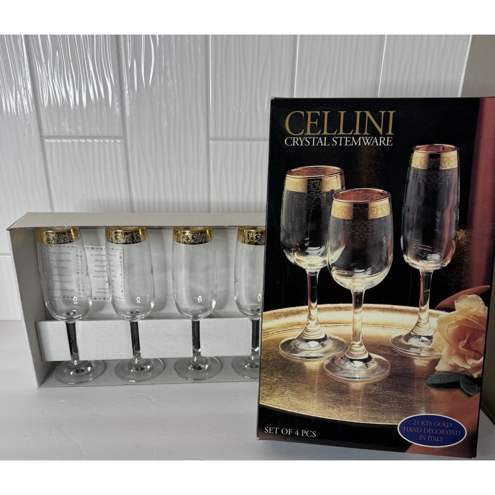 VTG Cellini Italian Crystal Champagne Flutes Wine Glass Gold Rim Set 4 Org Box